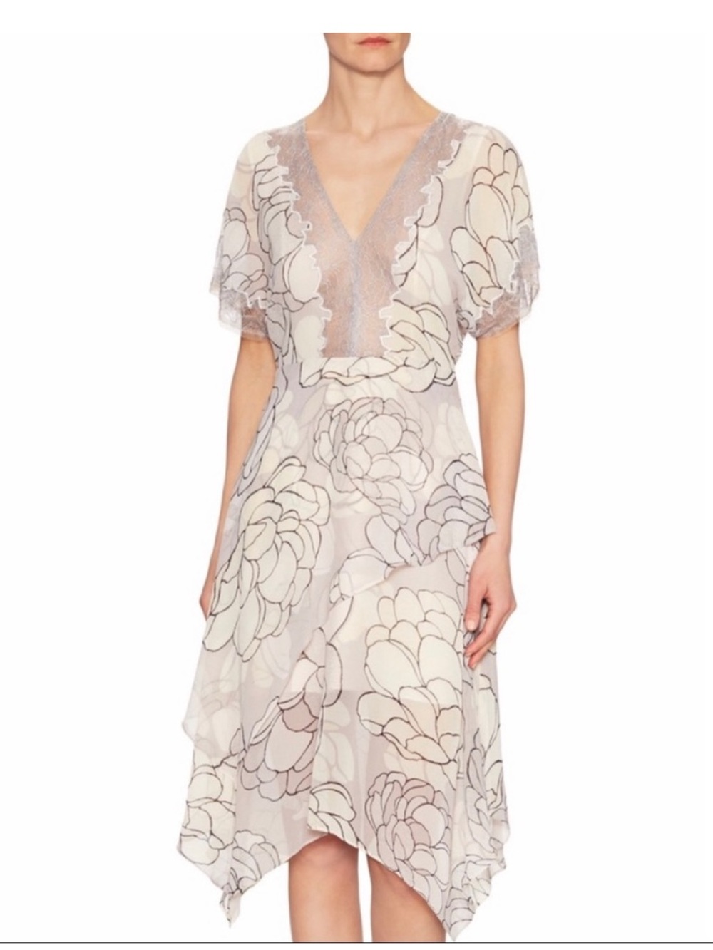BCBGMAXAZRIA DARIELLE FLUTTER SLEEVE CHIFFON DRESS WITH LACE TRIM SIZE 6